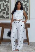 Polka Dot Boat Neck Sleeveless Top Wide Leg Pants 2pcs Set-White