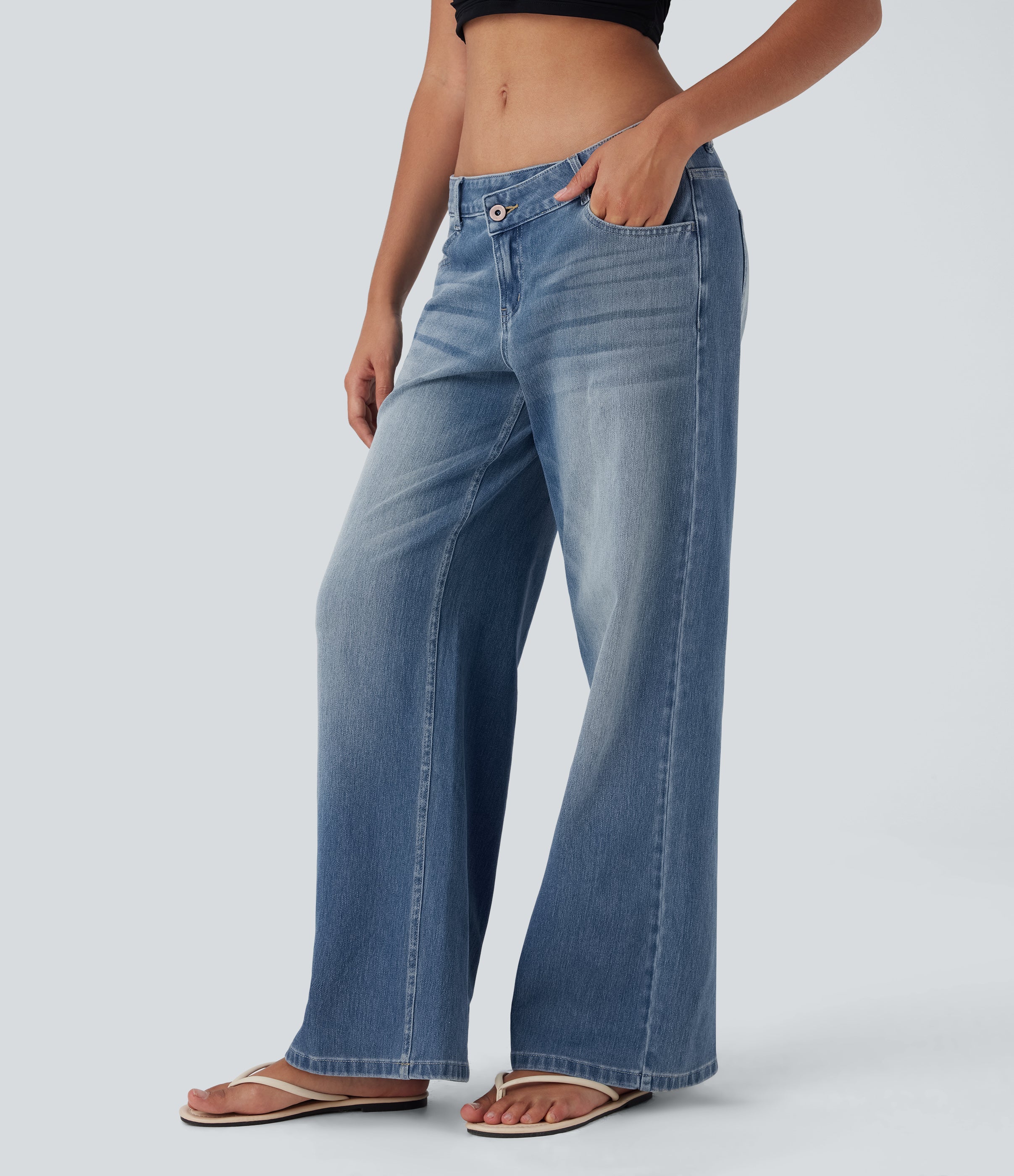 FlexTM Asymmetric Low Rise Zipper Pockets Baggy Wide Leg Washed Casual Jeans