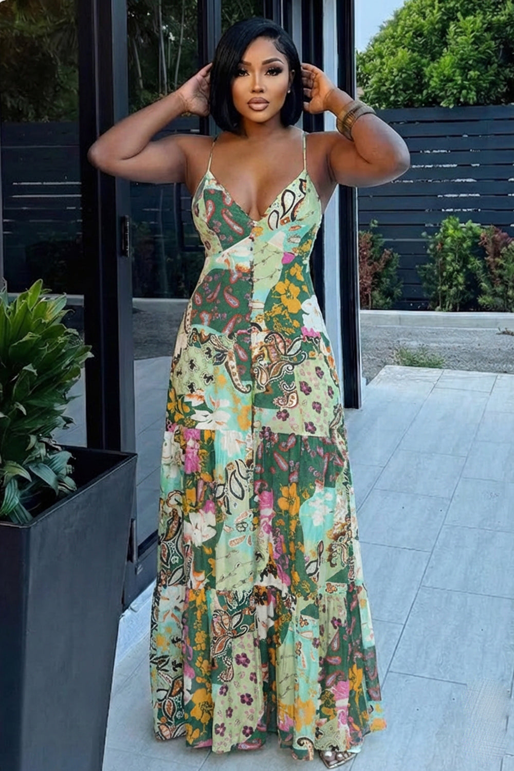 Deep V Neck Cinch Waist Floral Print Cami Maxi Dresses-Green