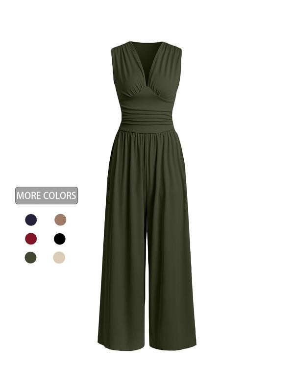 2026 Women's new jumpsuit with pockets Plain Ruched V Neck Ribbed Tank Jumpsuit, Summer Outfits 2025, Elegant Sleeveless Wide Leg Jumpsuit for Women for Vacation Holiday Party, Ladies Summer Clothes