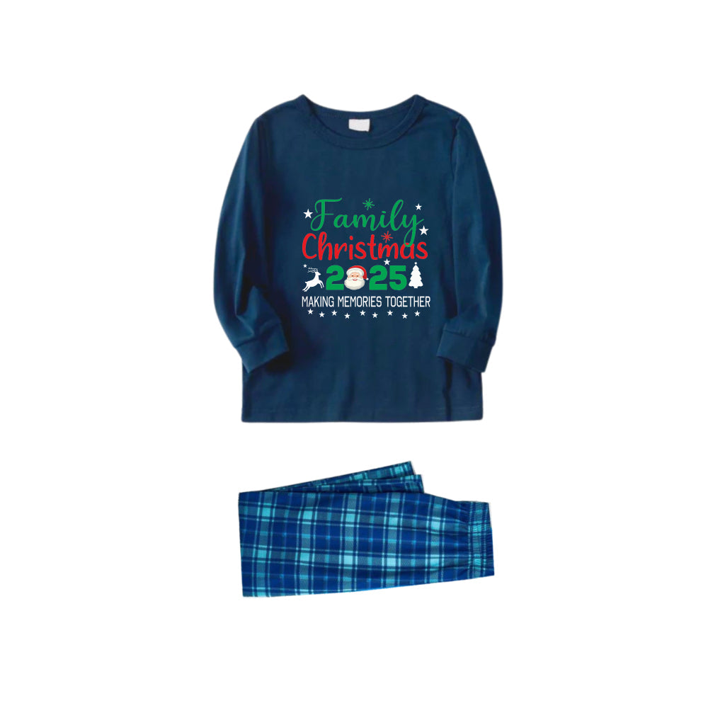 Christmas Family Matching Pajamas-Navy & Sky Blue Plaid Pjs Set with "Family Christmas 2025" and Santa Pattern Print