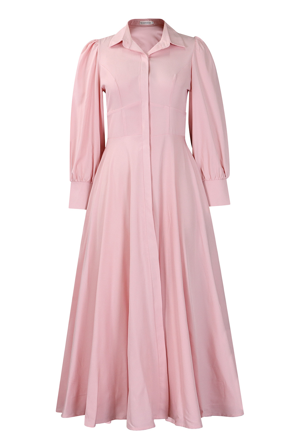 Turndown Collar Long Sleeve Cinch Waist Solid Color Maxi Shirt Dresses-Pink