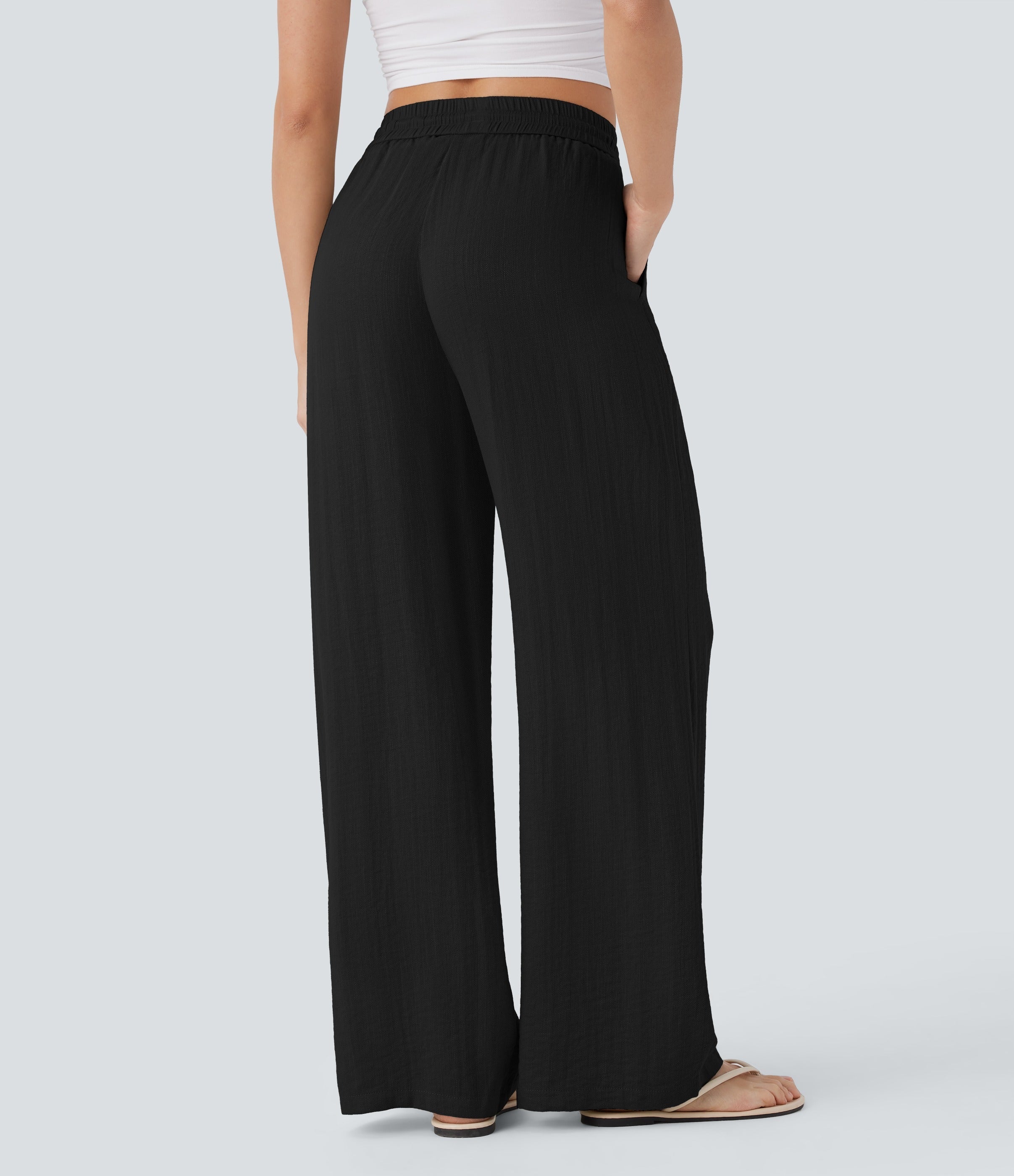 Women Summer High Waisted Drawstring Pocket Wide Leg Casual Linen-Feel Pants