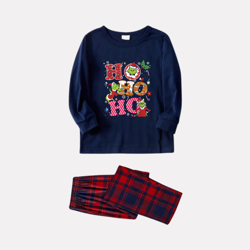 Christmas Family Matching Pajamas-Navy & Red Plaid Pjs Set with Grinch and "HO HO HO" Print