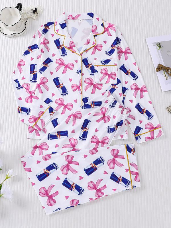 Women's Striped Bow Print Long Sleeve Woven Pajama Set, Sweet Cute Button Front Top and Pants, Casual Home Wear for All Seasons - B