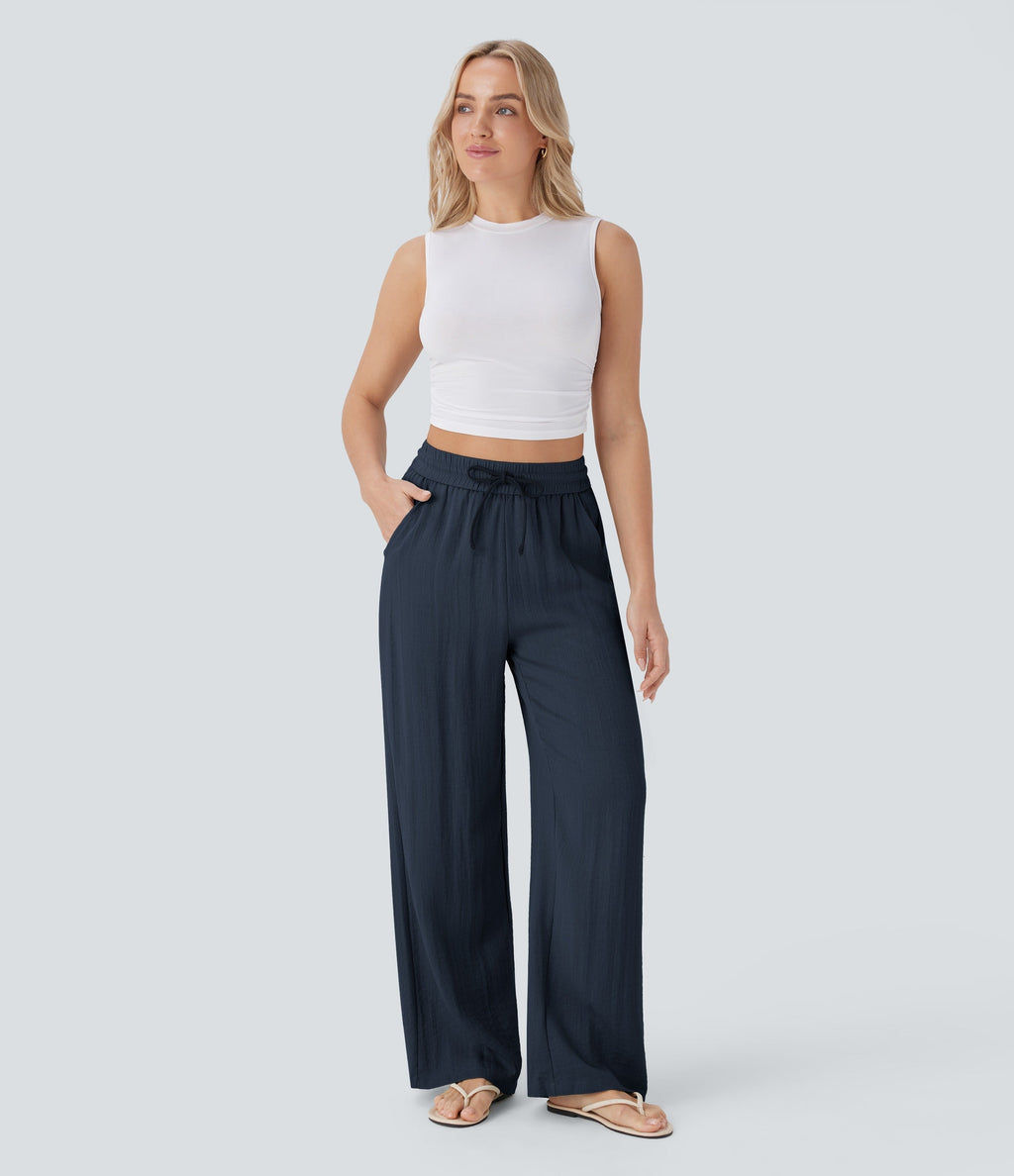 Women Summer High Waisted Drawstring Pocket Wide Leg Casual Linen-Feel Pants