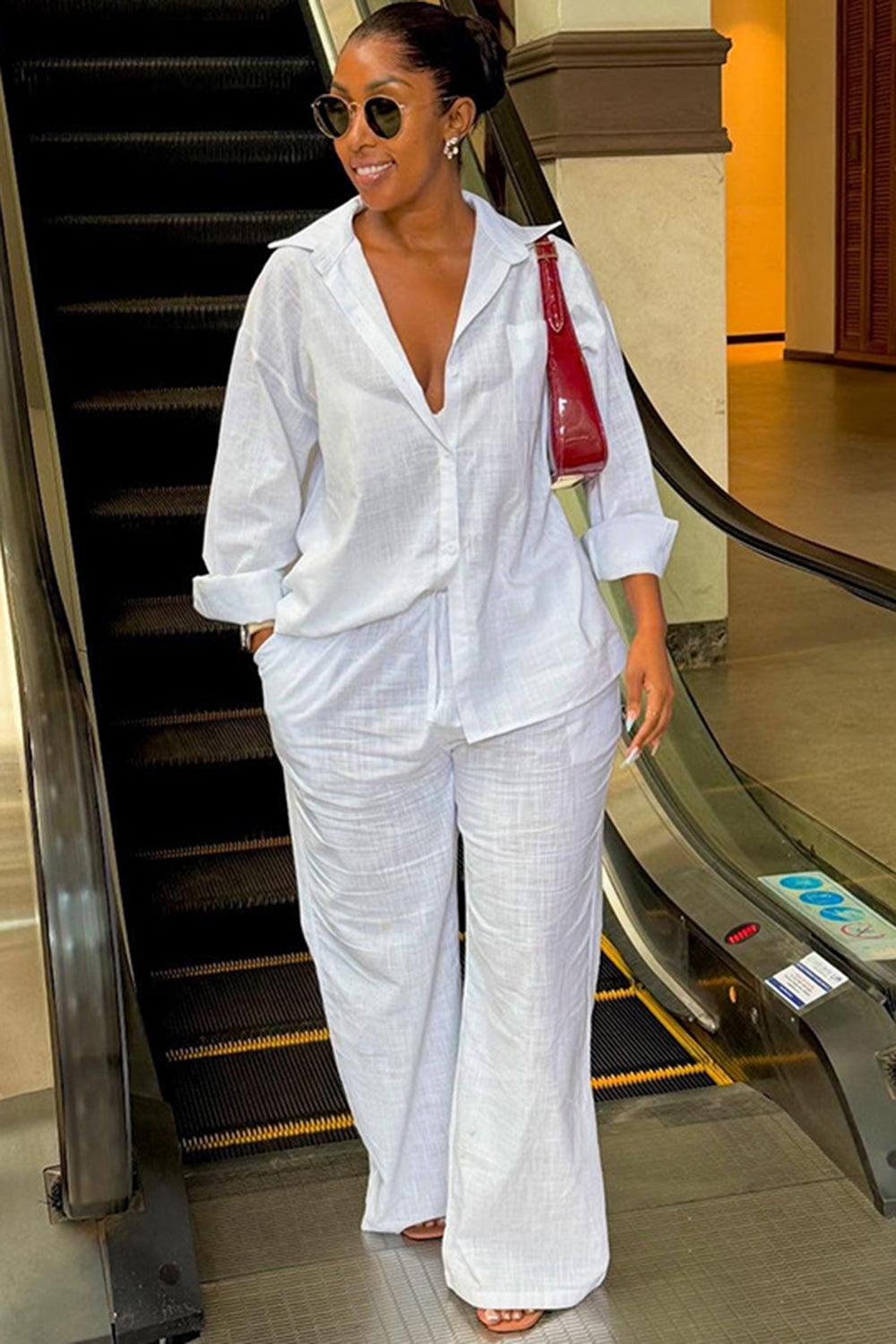 Patch Pocket Turndown Collar Long Sleeve Shirt Wide Leg Pants 2pcs Set-White