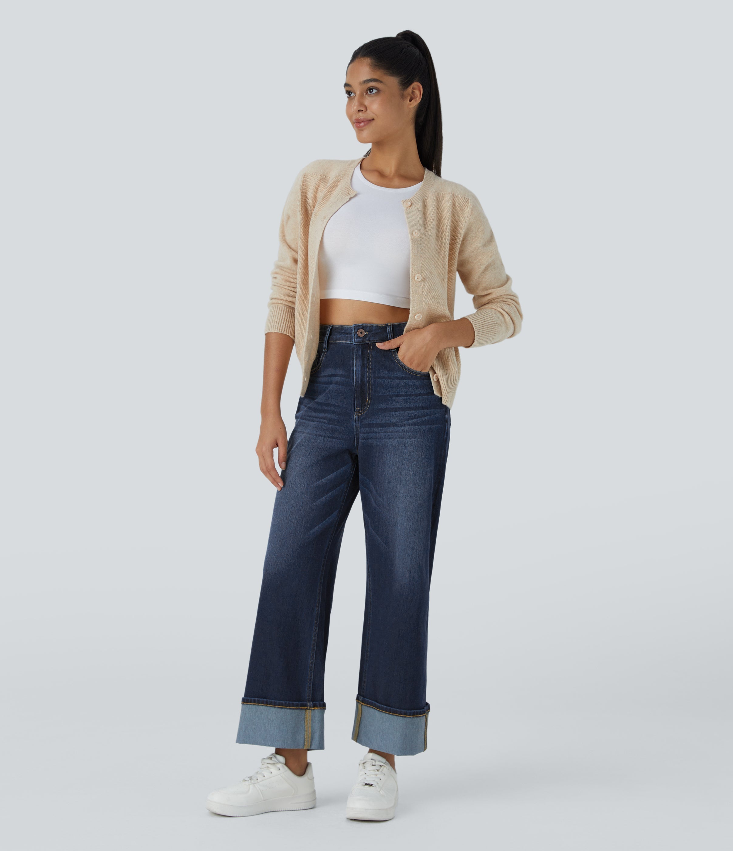 FlexTM High Waisted Multiple Pockets Rolled Hem Wide Leg Washed Stretchy Knit Casual Jeans