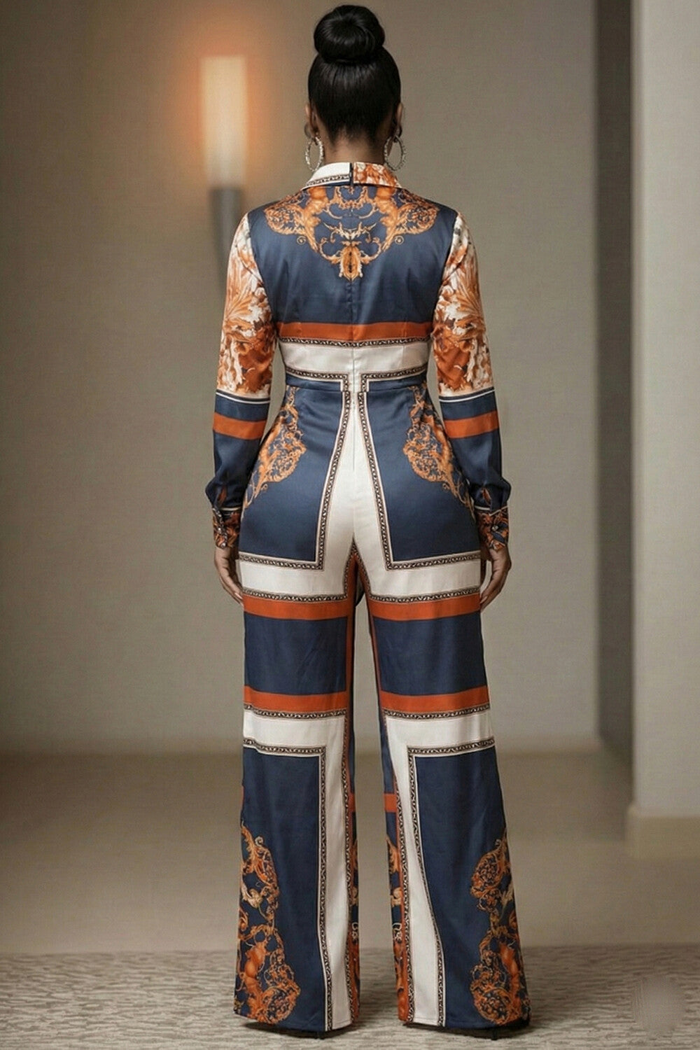 Long Sleeve Lace Up Wide Leg Floral Casual Jumpsuit-Multicolor