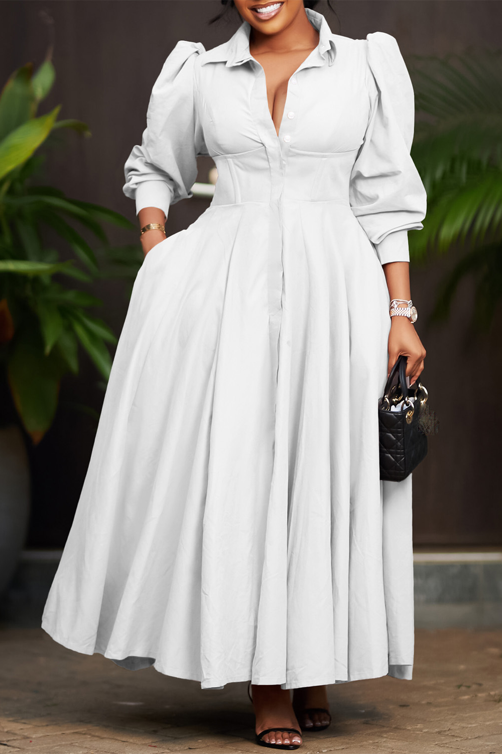 Turndown Collar Long Sleeve Cinch Waist Solid Color Maxi Shirt Dresses-Pink