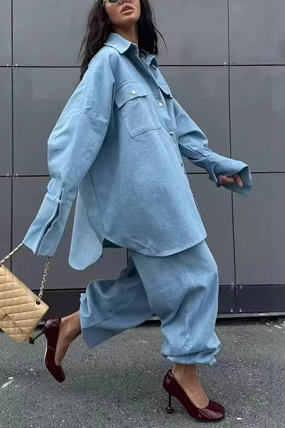 Denim Turndown Collar Balloon Sleeve Long Top Pants Casual 2pcs Set-Blue
