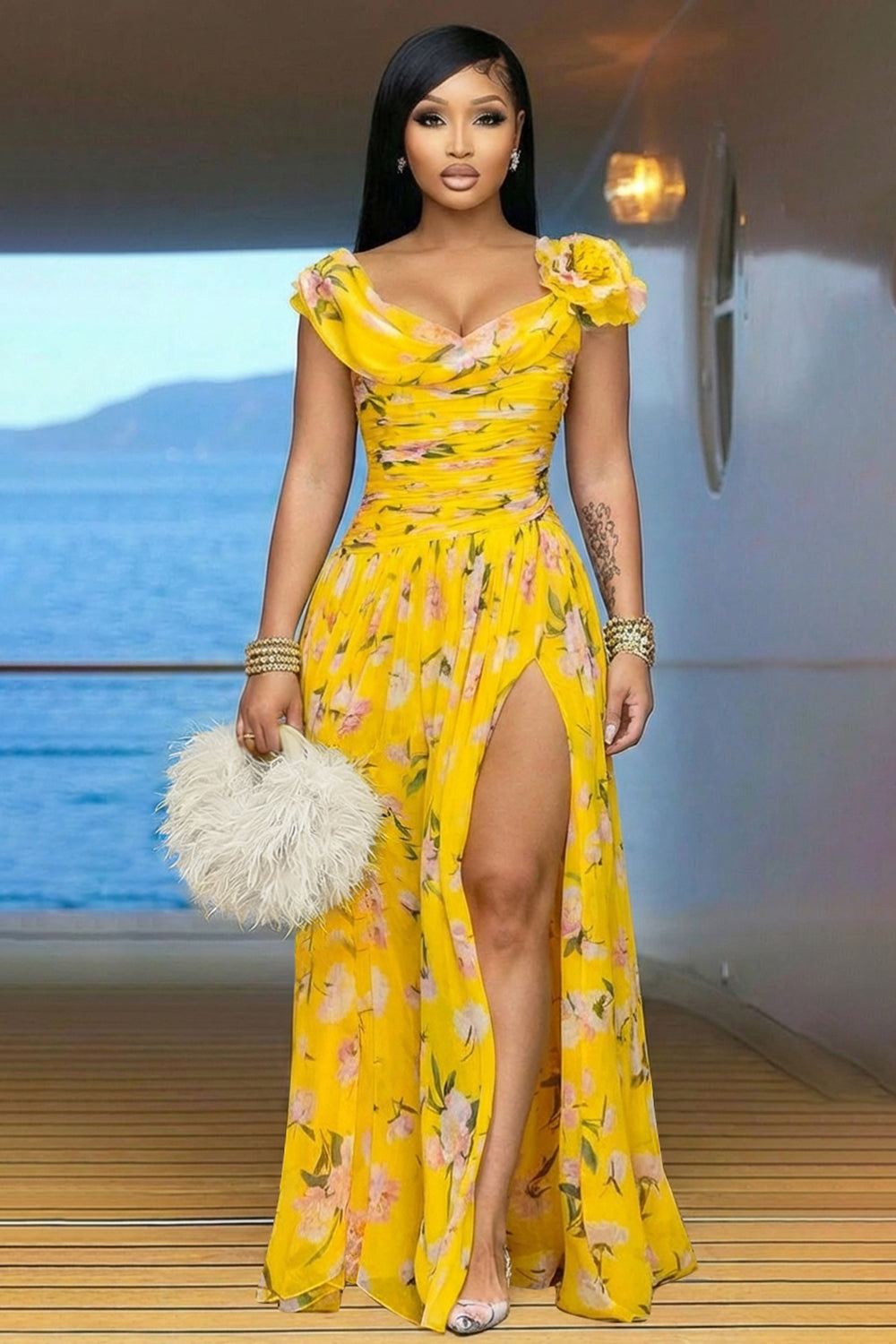 Scoop Neck Sleeveless Floral Slit Vacation Maxi Dresses-Yellow