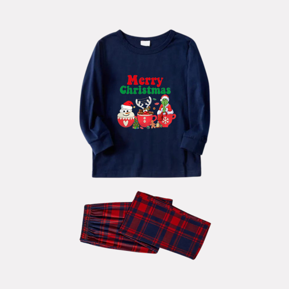 Christmas Family Matching Pajamas-Navy & Red Plaid Pjs Set with Grinch and "Merry Christmas" Print