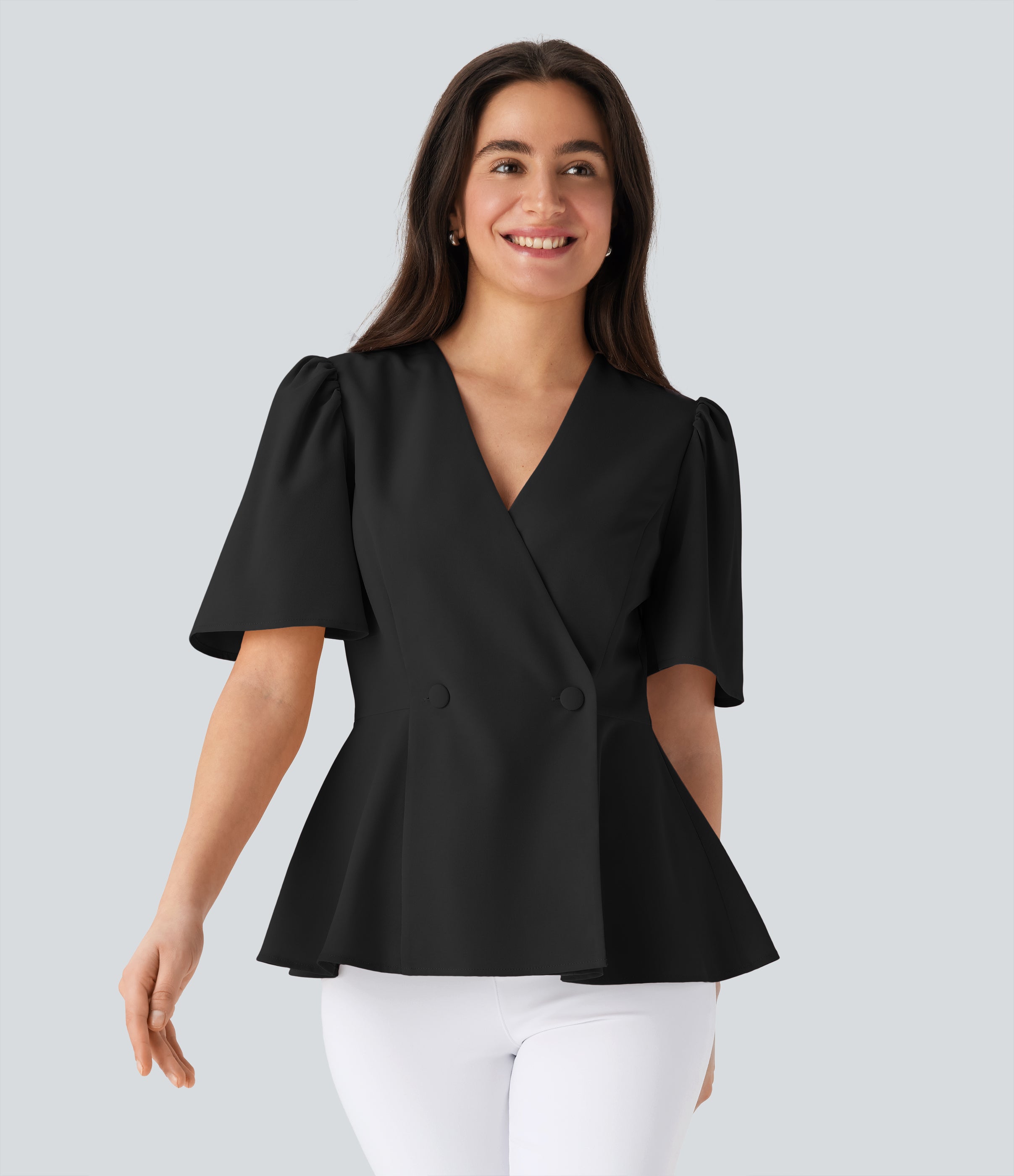 V Neck Short Sleeve Ruffle Hem Work Top