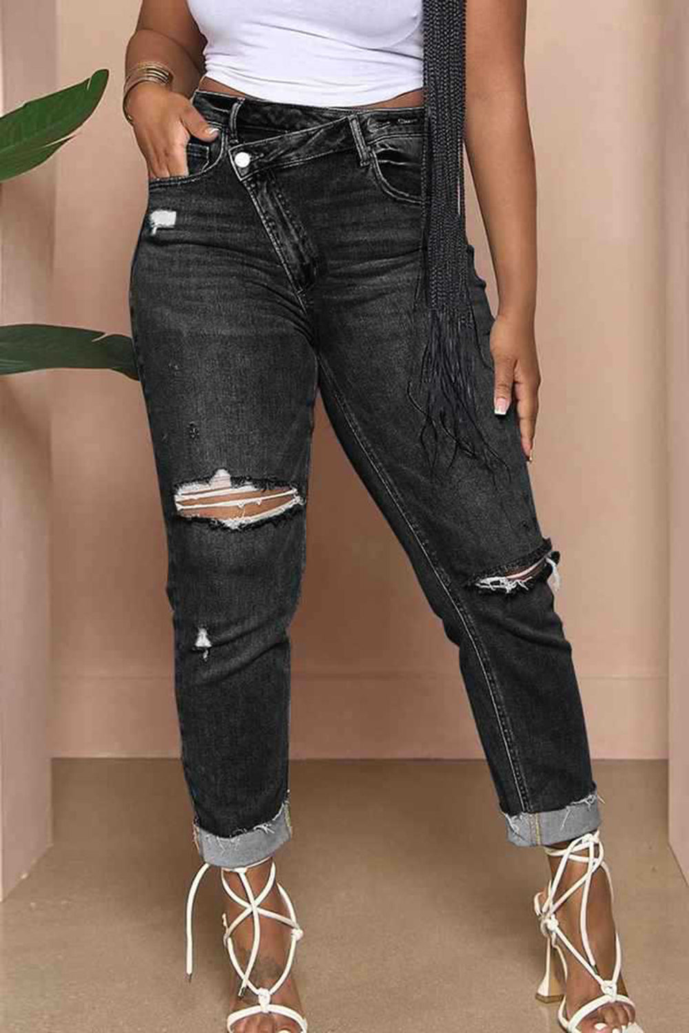 Denim High Waist Ripped Slim Fit Tapered Casual Cuffed Jeans-LightBlue