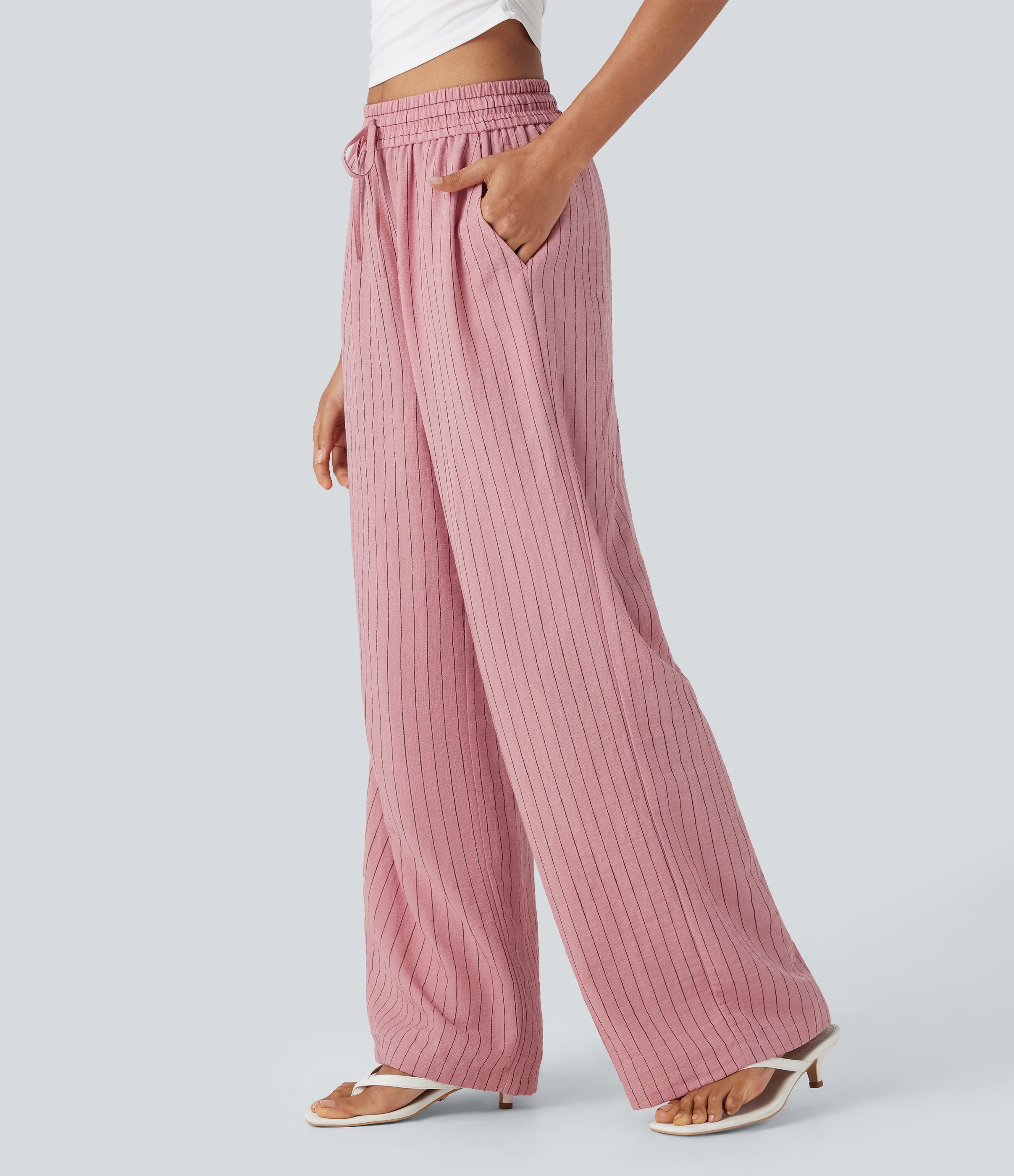 High Waisted Drawstring Wide Leg Stripe Casual Linen-Feel Pants with Pockets