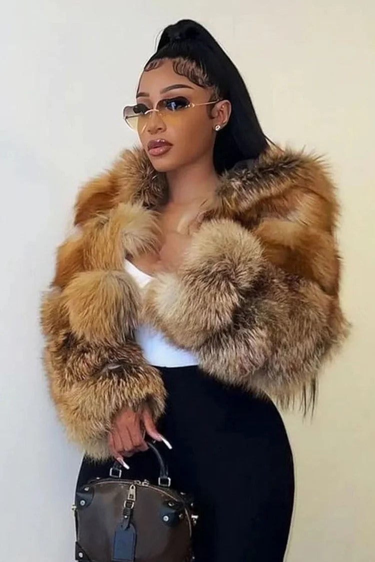 Ombre Faux Fur Zip-Up Hoodie Long Sleeve Crop Jacket-Red