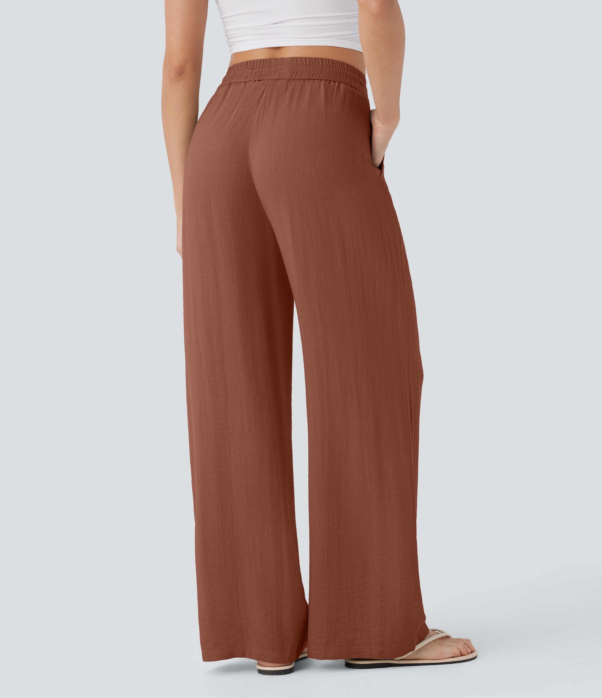 Women Summer High Waisted Drawstring Pocket Wide Leg Casual Linen-Feel Pants
