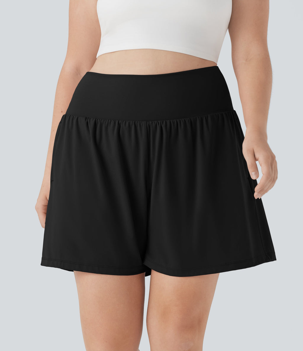 SoftlyZeroTM Airy Super High Waisted 2-in-1 Cool Touch Yoga Plus Size Shorts 7" with Pockets