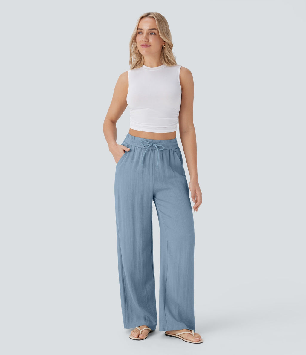 Women Summer High Waisted Drawstring Pocket Wide Leg Casual Linen-Feel Pants