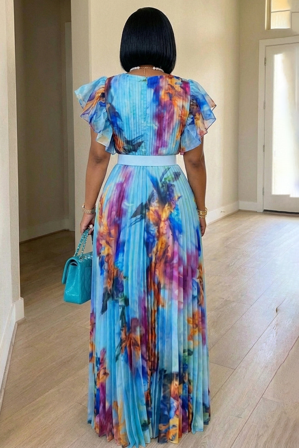 Round Neck Puff Sleeve Floral Print Pleated Maxi Dresses-Blue