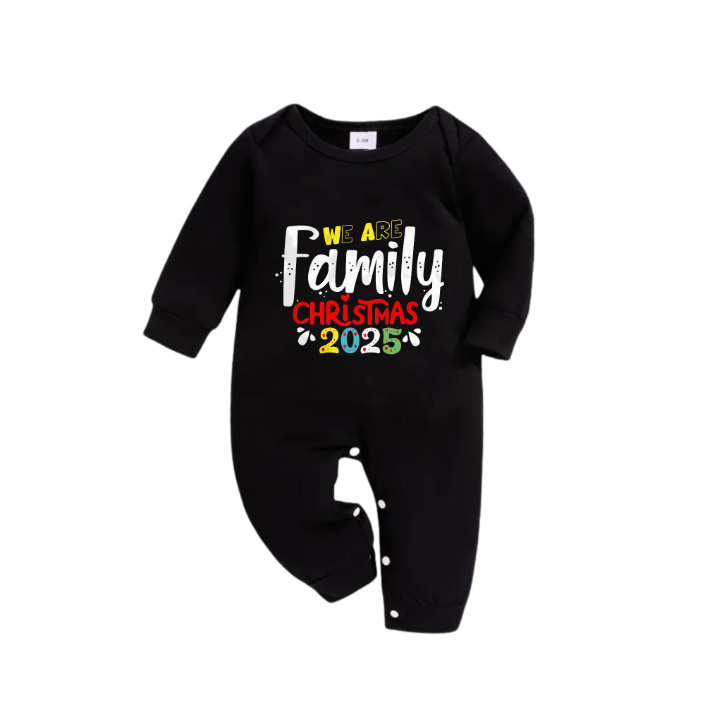 Christmas Family Matching Pajamas-Black Top and Green Plaid Pants Pjs Set with "We Are Family Christmas 2025" Artistic Font Print
