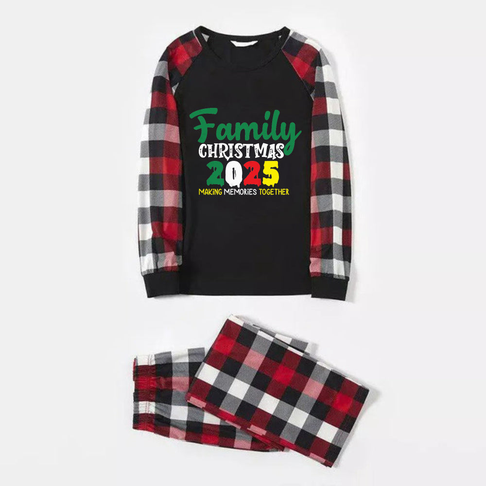 Christmas Family Matching Pajamas-Red and Gray Plaid Pjs set with "Family Christmas 2025" Colorful Print