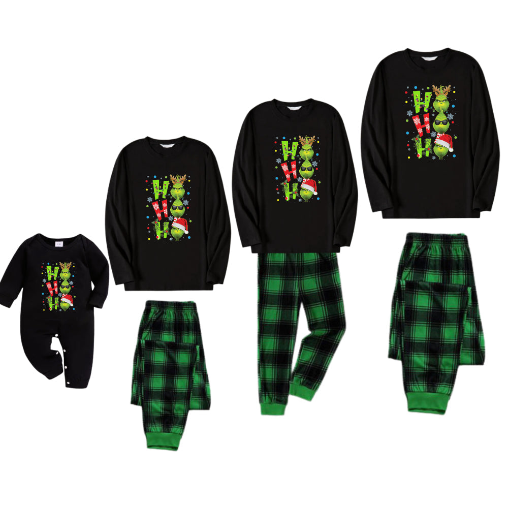 Christmas Family Matching Pajamas-Black Top and Green Plaid Pants Pjs Set with Grinch and "HO HO HO" Print