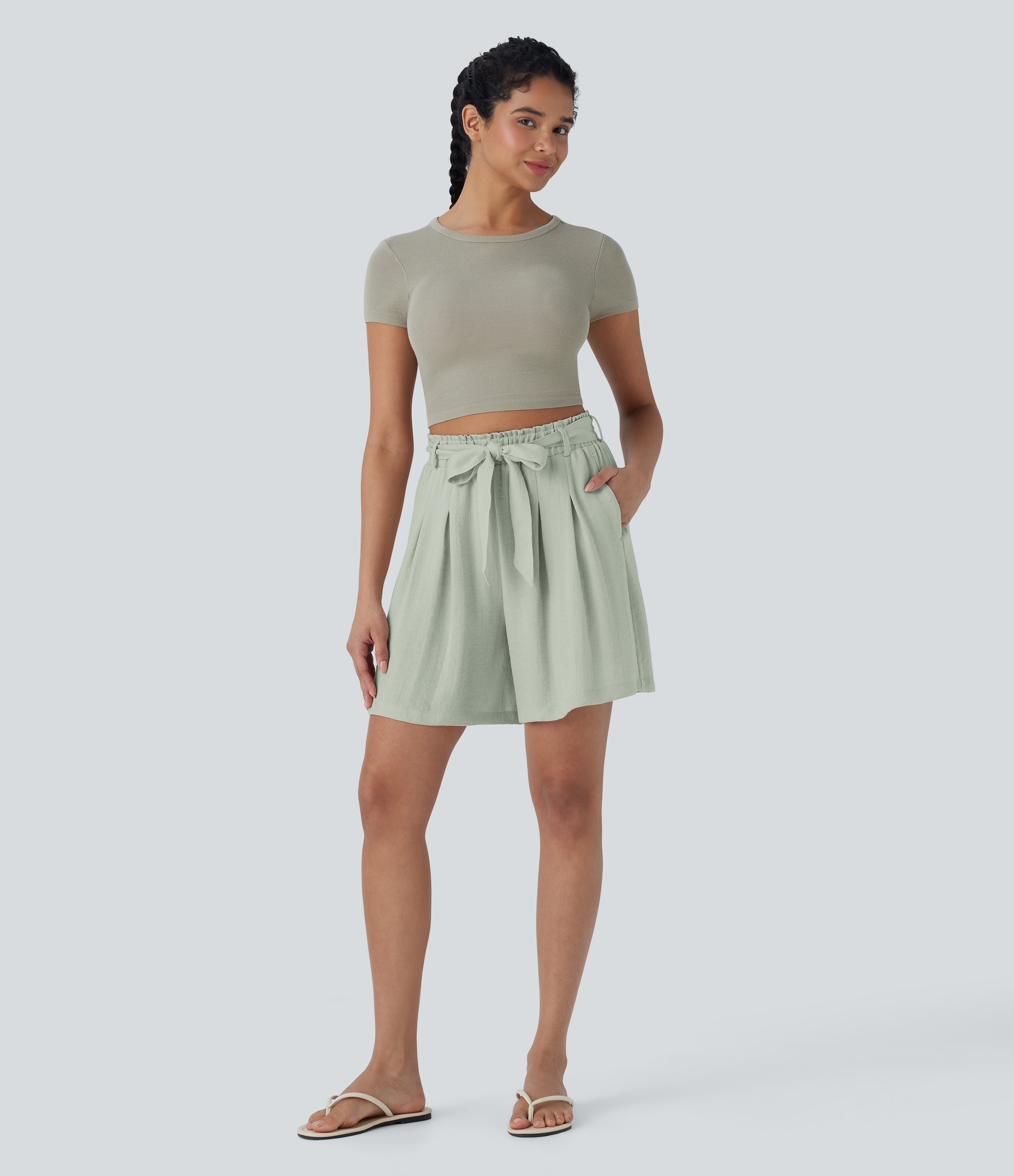 High Waisted Belted Casual Linen-Feel Bermuda Shorts with Pockets