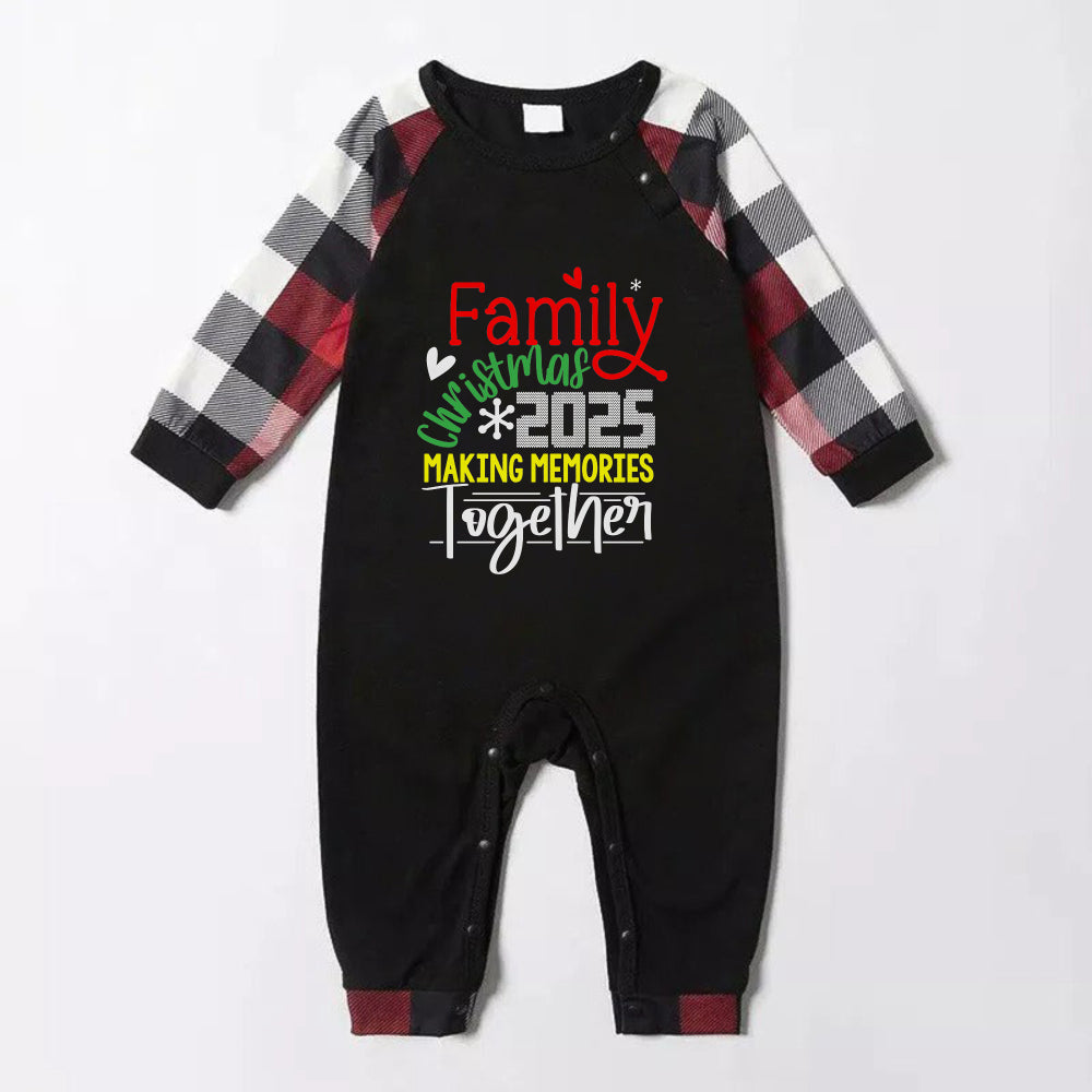 Christmas Family Matching Pajamas-Red and Gray Plaid Pjs set with "Family Christmas 2025 Making Memories Together" Colorful Slogan Print