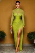 Illusion Neck Long Sleeve Wrinkle Slit Party Maxi Dresses-Green