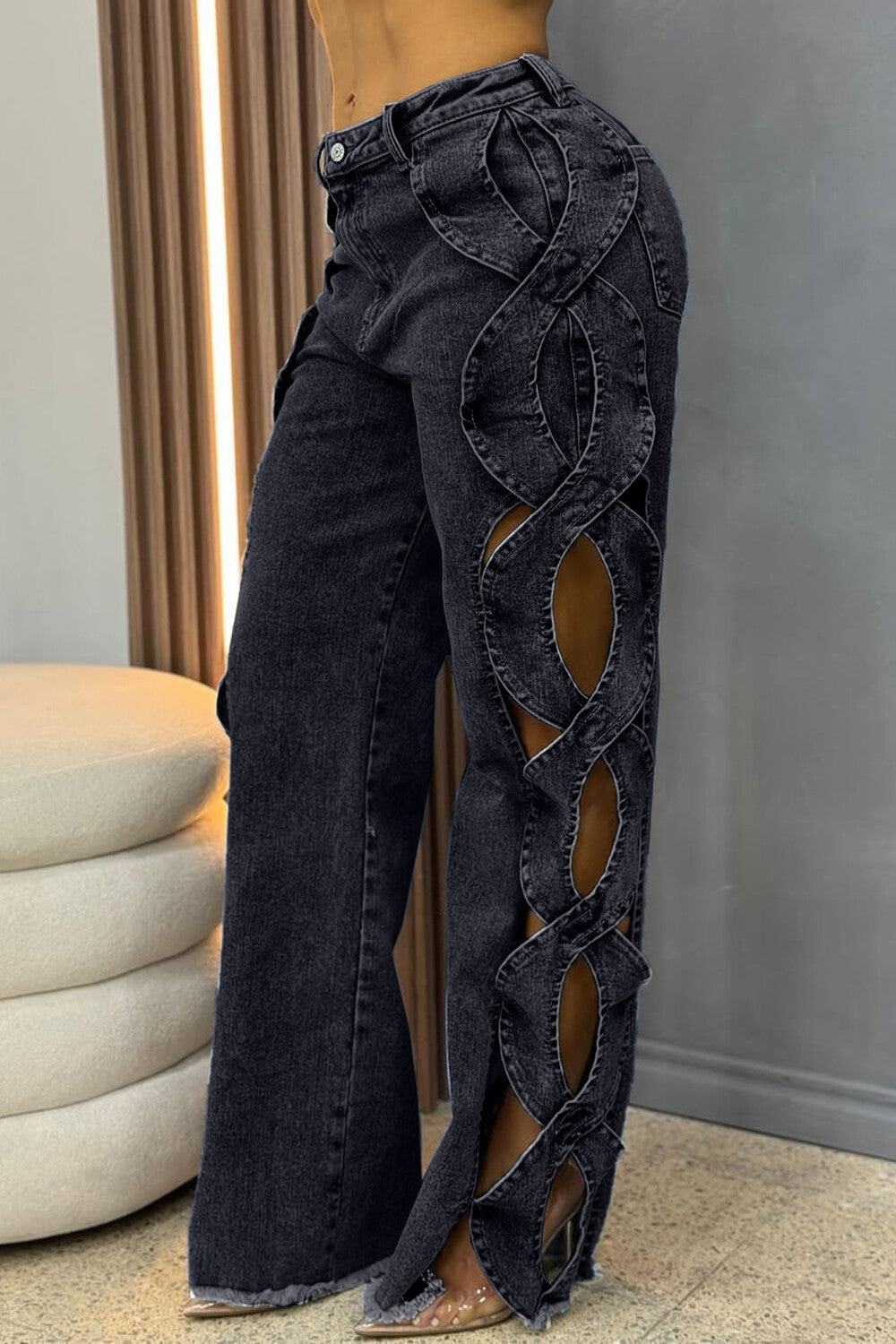 Denim Side Cutout Crossover Design Straight Leg Jeans-Blue