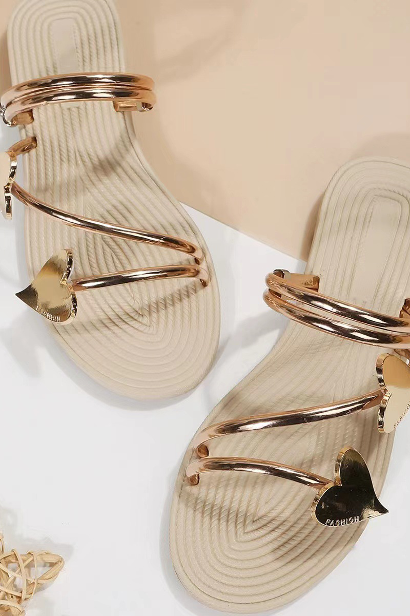 Round Toe Heart-Shaped Metallic Decor Strappy Slip-On Flat Sandals-Gold