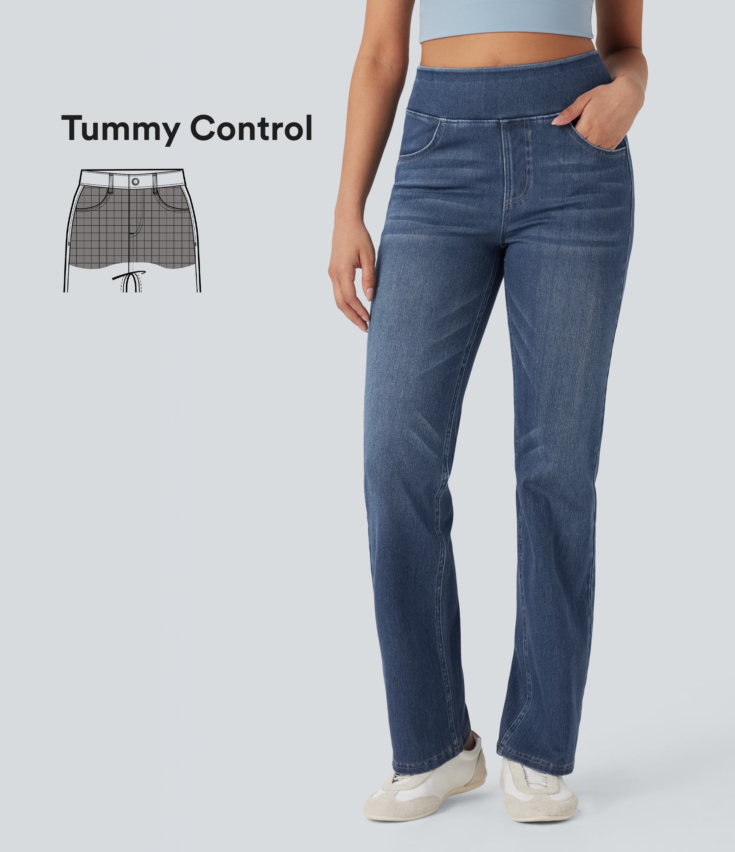 FlexTM High Waisted Tummy Control Washed Casual Bootcut Jeans with Pockets