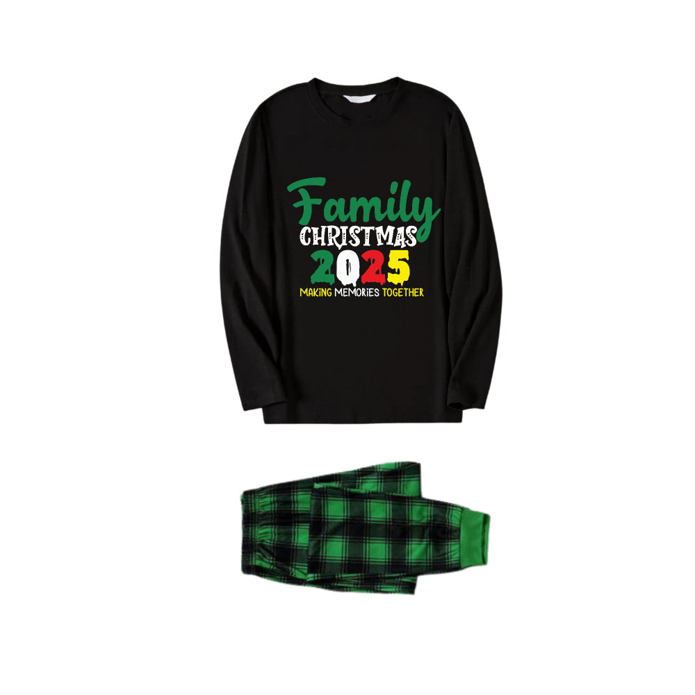 Christmas Family Matching Pajamas-Black Top and Green Plaid Pants Pjs Set with "Family Christmas 2025" Slogan Print