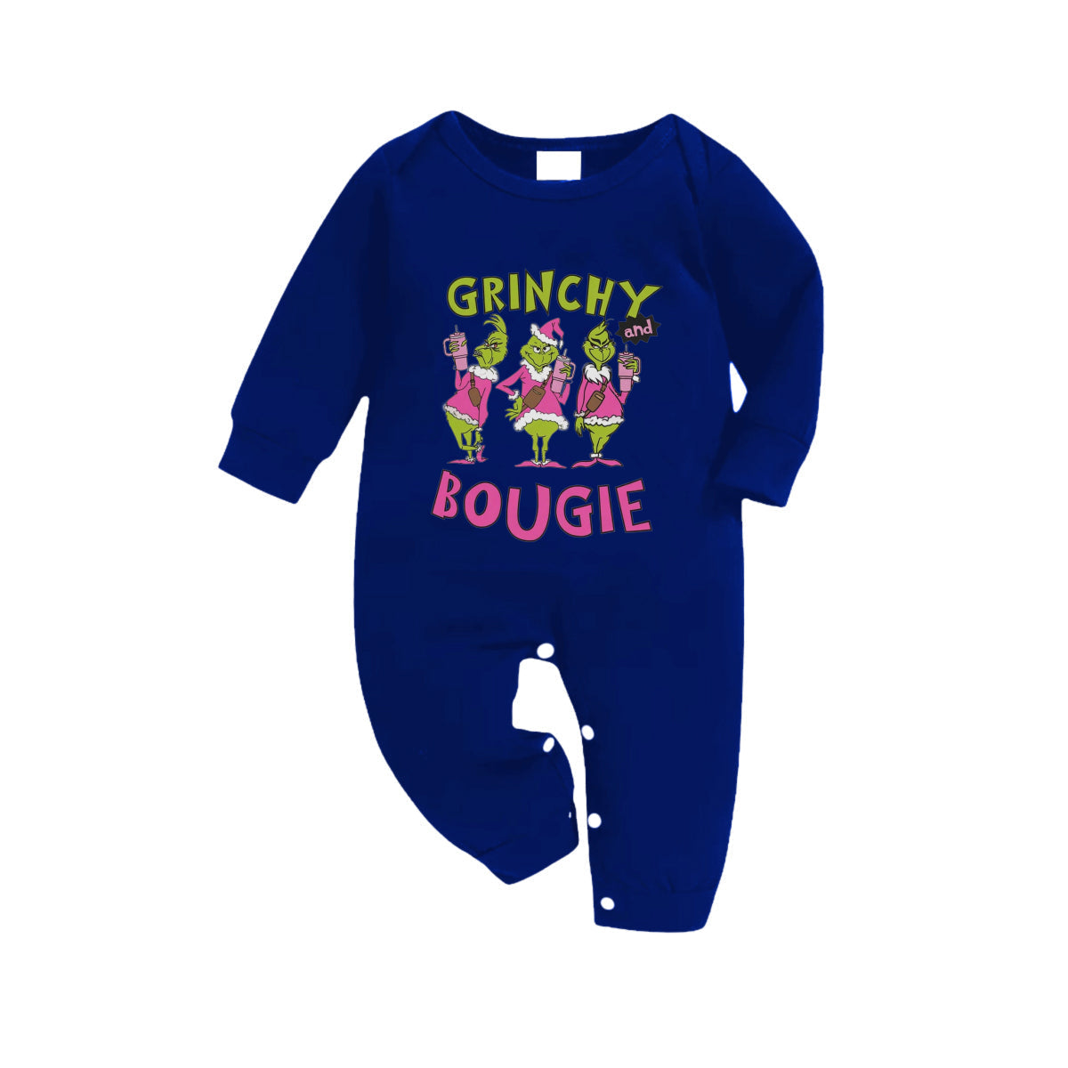 Christmas Family Matching Pajamas-Navy & White Plaid Pjs Set with "Grinchy and Bougie" Print