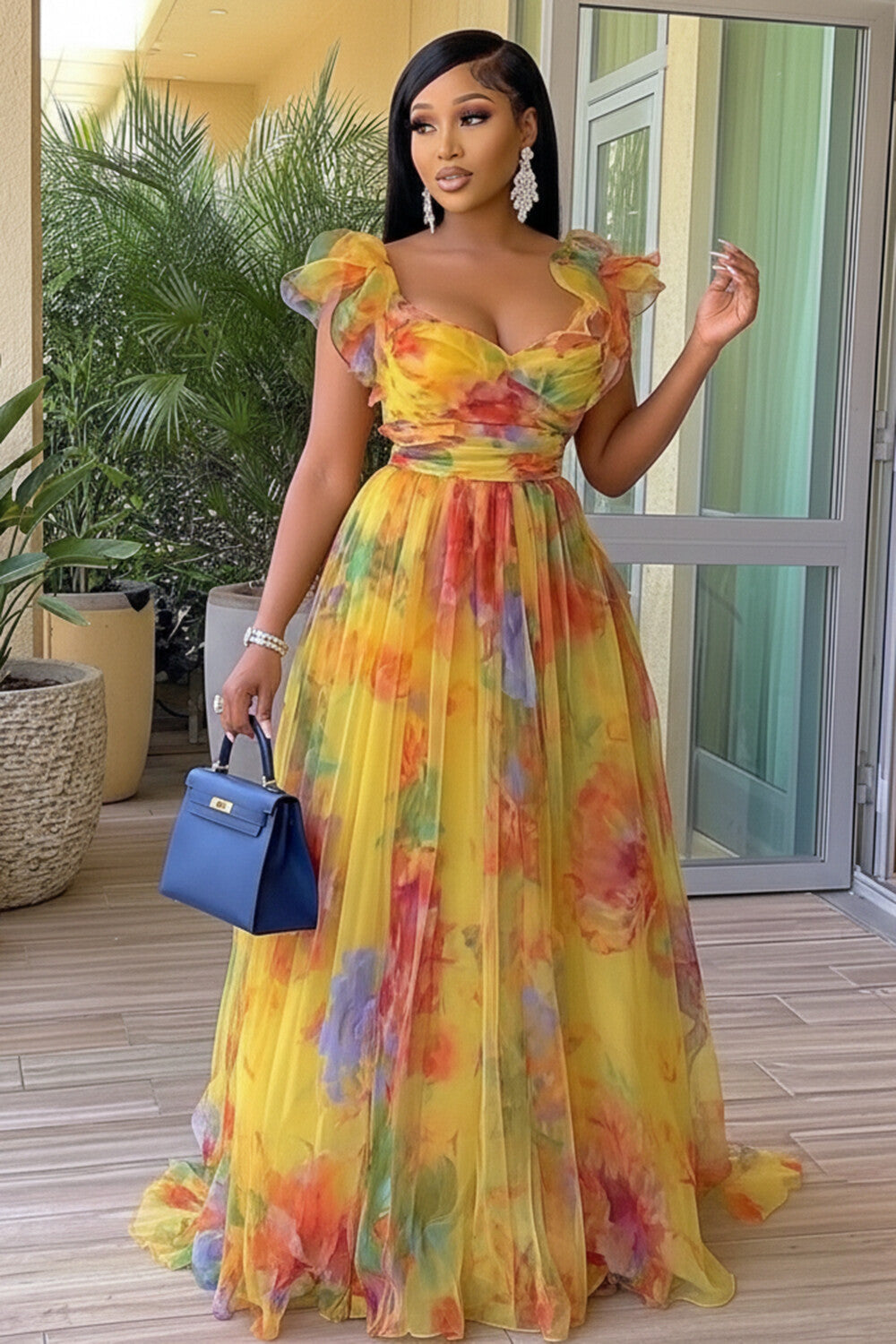 U Neck Sleeveless Ruffle Floral Vacation Maxi Dresses-Yellow