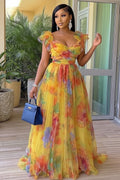 U Neck Sleeveless Ruffle Floral Vacation Maxi Dresses-Yellow