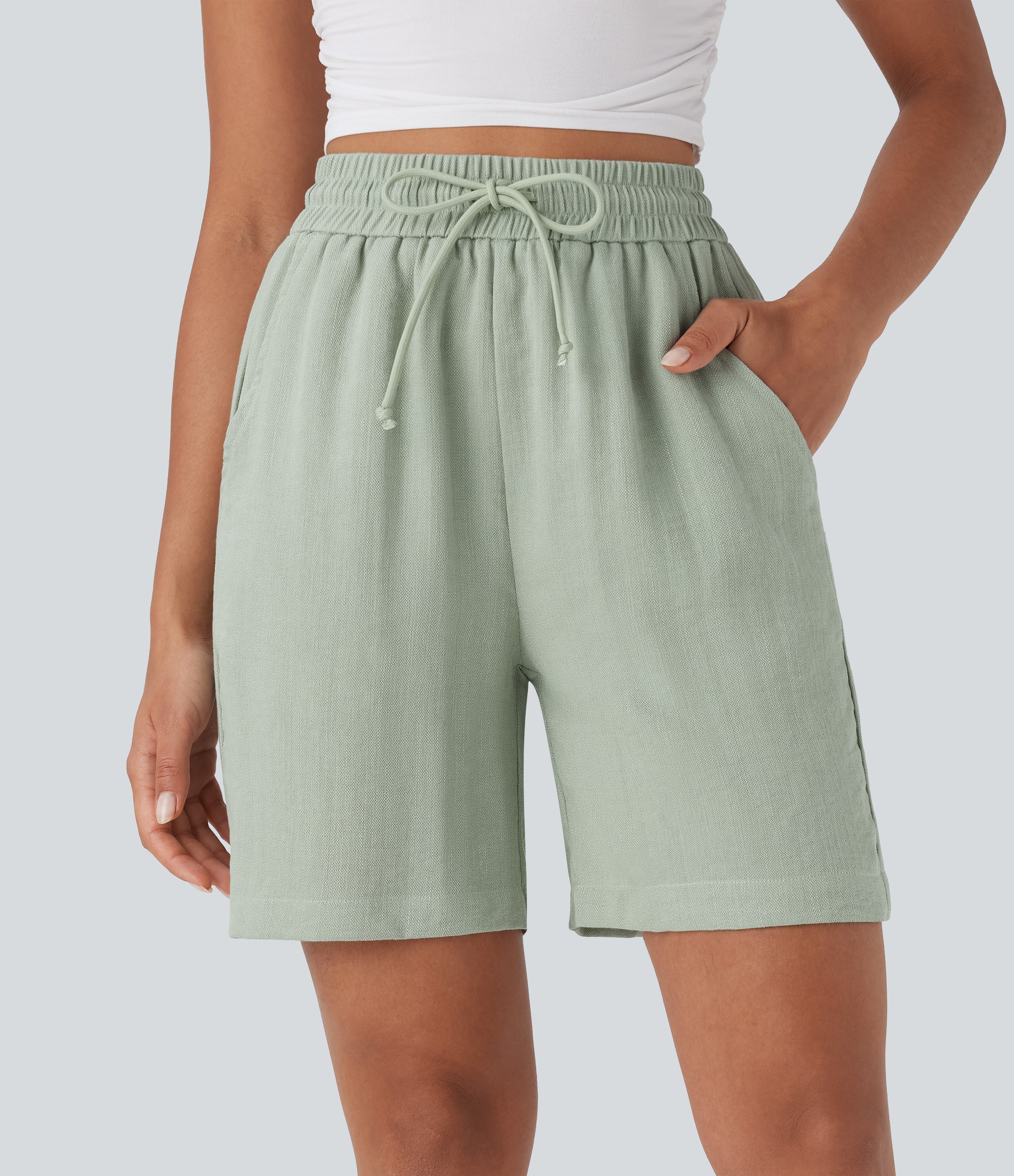 High Waisted Drawstring Casual Linen-Feel Shorts with Pockets