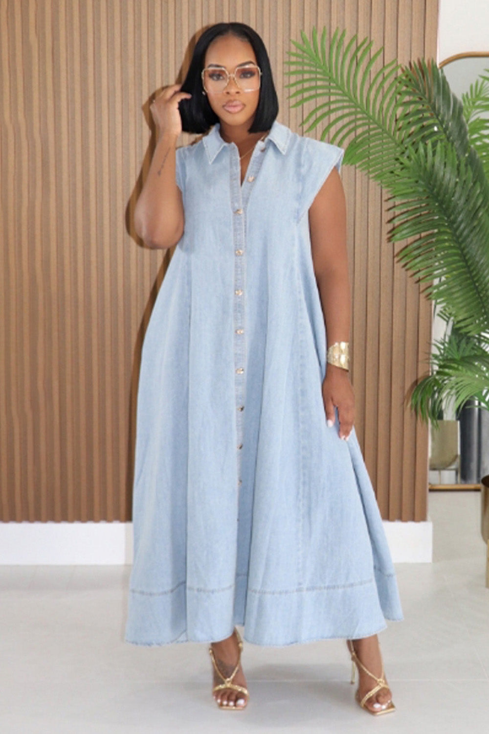 Denim Shirt Collar Cap Sleeve Slant Pocket Loose Casual Maxi Dresses-Blue