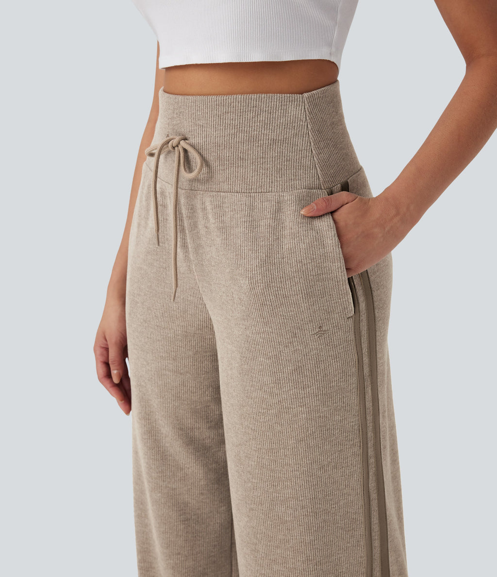 2026🔥 Ribbed SoCinched High Waisted Tummy Control Drawstring Wide Leg Color Block Casual Trousers with Pockets