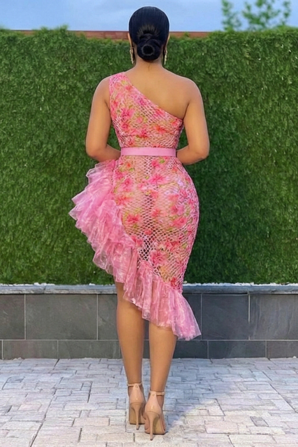 One Shoulder Floral Pattern Slit Ruffle Trim Midi Dresses-Pink