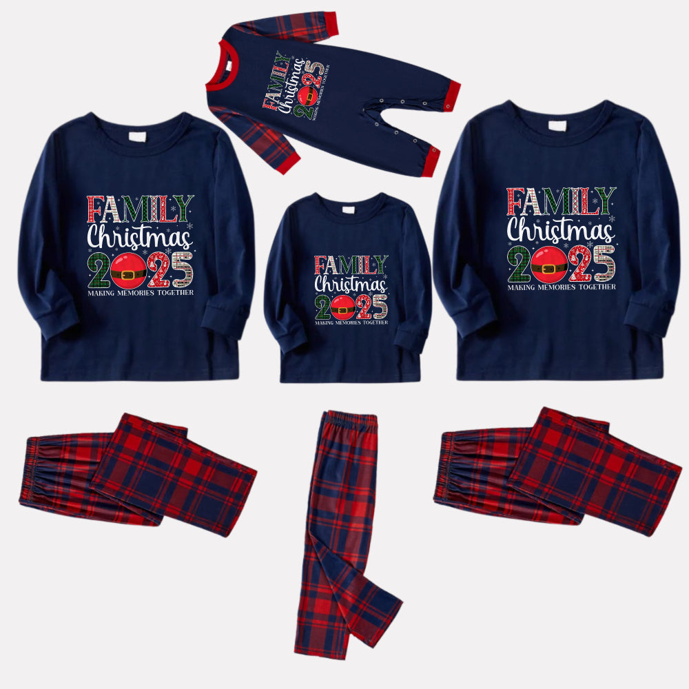 Christmas Family Matching Pajamas-Navy & Red Plaid Pjs Set with "Family Christmas 2025" Artistic Font Print