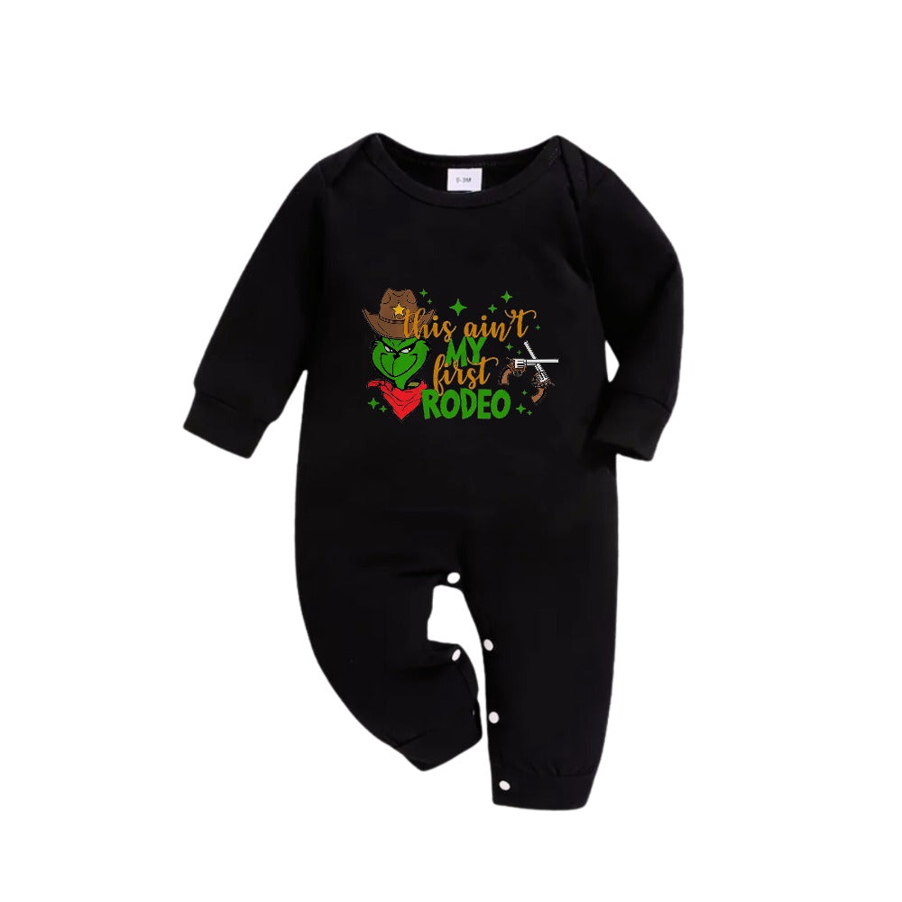 Christmas Family Matching Pajamas-Black Top and Green Plaid Pants Pjs Set with Grinch and "This Ain't My First Rodeo" Print