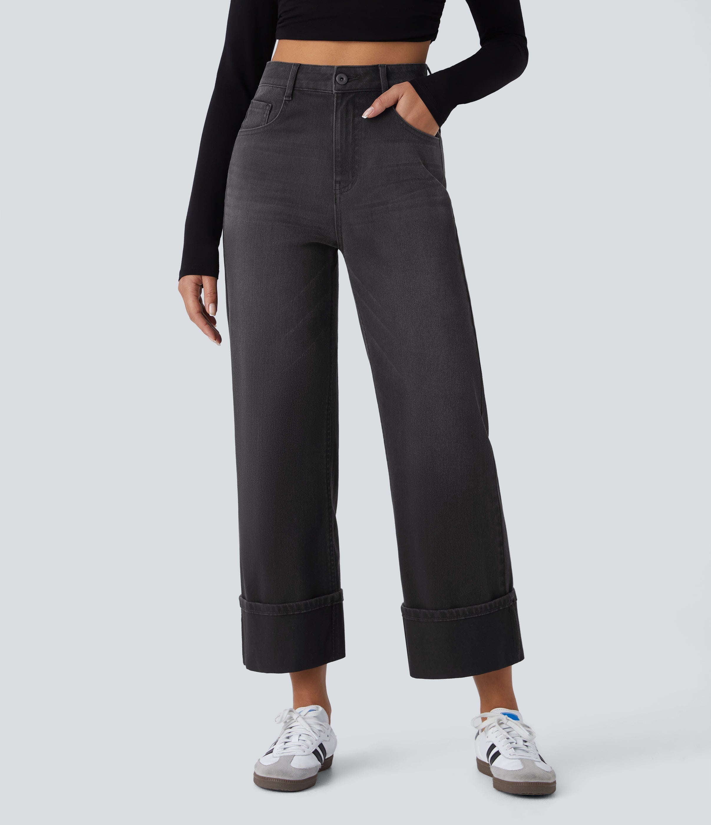 FlexTM High Waisted Multiple Pockets Rolled Hem Wide Leg Washed Stretchy Knit Casual Jeans