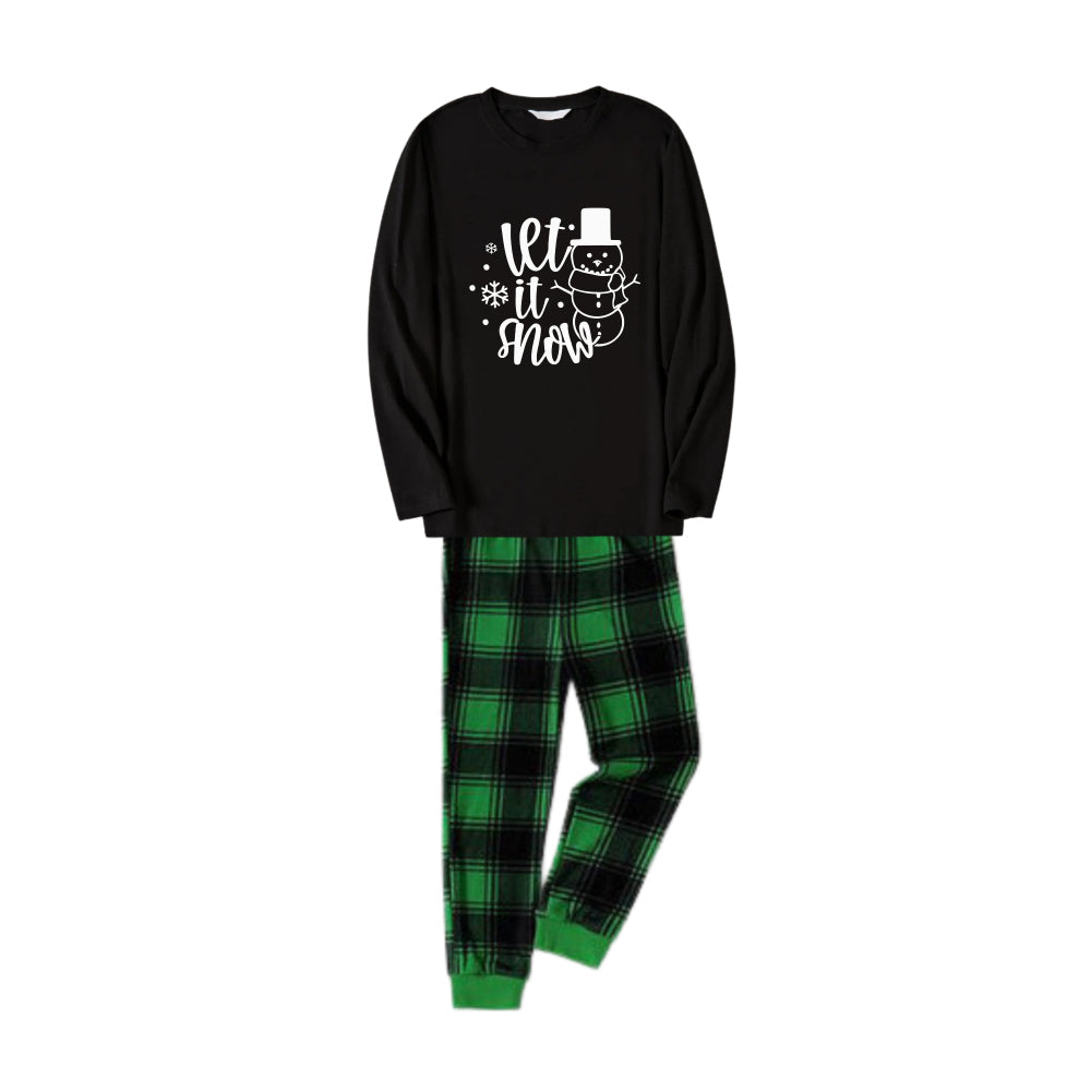 Christmas Family Matching Pajamas-Black Top and Green Plaid Pants Pjs Set with Snowman and Christmas Slogan Print