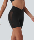 SoftlyZeroTM High Waisted Crossover Contrast Mesh Yoga Biker Shorts 5'' with Pocket-UPF50+