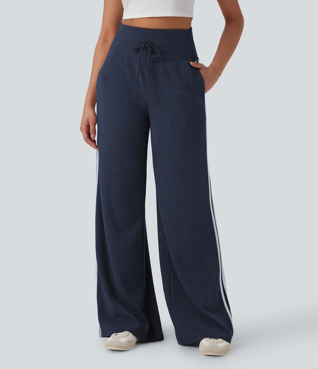 2026🔥 Ribbed SoCinched High Waisted Tummy Control Drawstring Wide Leg Color Block Casual Trousers with Pockets