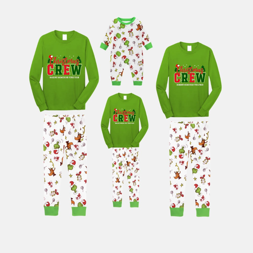 Christmas Family Matching Pajamas-Green Top and Grinch Pants Pjs Set with "Christmas Crew Making Memories Together" Slogan Print