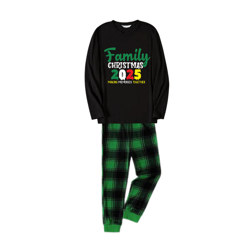 Christmas Family Matching Pajamas-Black Top and Green Plaid Pants Pjs Set with "Family Christmas 2025" Slogan Print